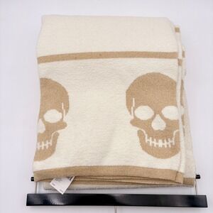 Magaschoni Skull Metallic Gold Ivory Knit Decorative Throw‎ Blanket Halloween